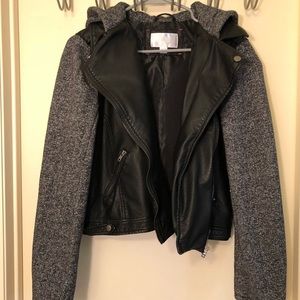 Hooded Faux Leather Jacket w Fabric Sleeves/Hood